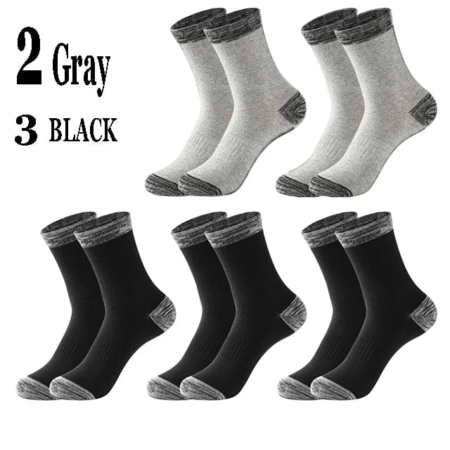 Five pairs of Showlu Fashion men's cotton crew socks in black, ideal for casual, sports, and hiking, size 38-44.
