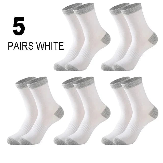 Set of five men's cotton crew socks by Showlu Fashion, ideal for casual, sports, and hiking, in black with comfortable fit.