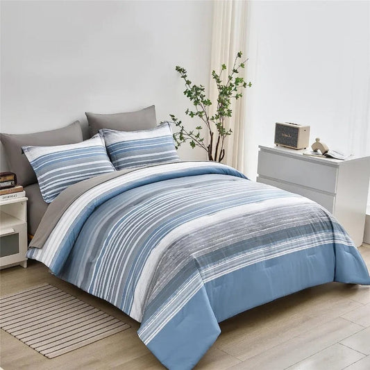 5 Piece Bed in A Bag Stripe Comforter Set Twin Size, White Grey Blue Striped Comforter and Sheet Set - SHOWLU FASHION STORE