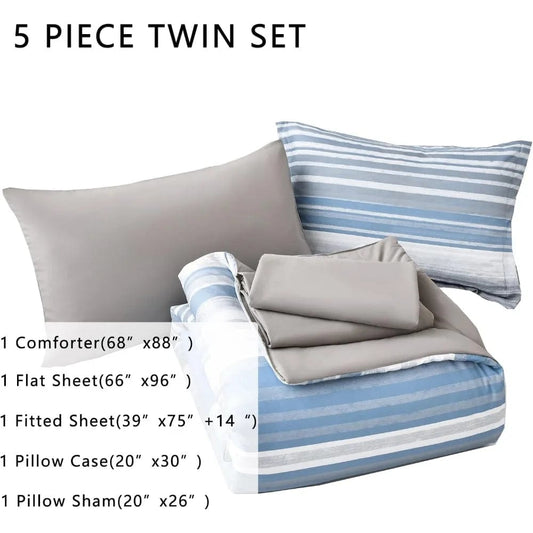 5 Piece Bed in A Bag Stripe Comforter Set Twin Size, White Grey Blue Striped Comforter and Sheet Set - SHOWLU FASHION STORE