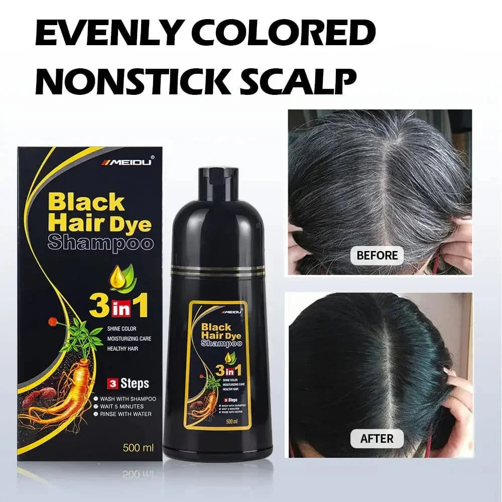 Showlu 3-in-1 herbal hair darkening shampoo in 500ml bottle, designed for gray hair coverage with natural herbal ingredients for men and women.