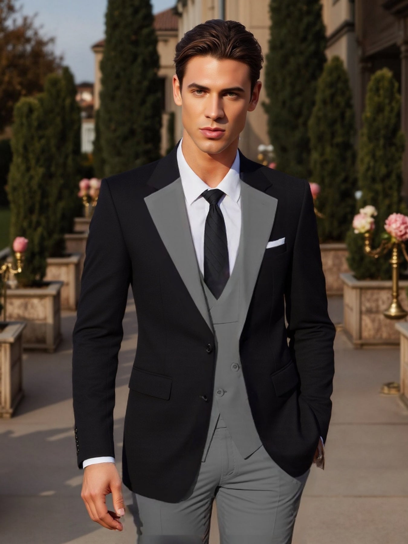 SHOWLU Men's 3-piece slim fit wedding tuxedo with jacket, vest, and pants, featuring classic black formal suit for special occasions