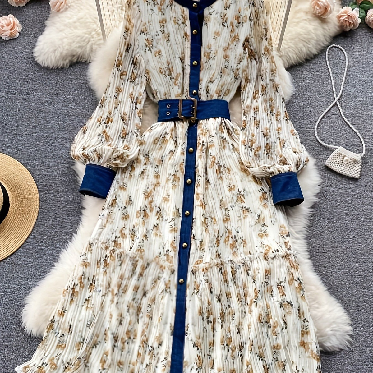 Women's Elegant Floral maxi dress - Long Sleeve A-Line Formal & casual dress with Adjustable belt, Floral print in White/Blue/Beige/, Machine Washable for Spring/Fall/Summer - Office, Party, Wedding Outfit, Party Attire, Roun