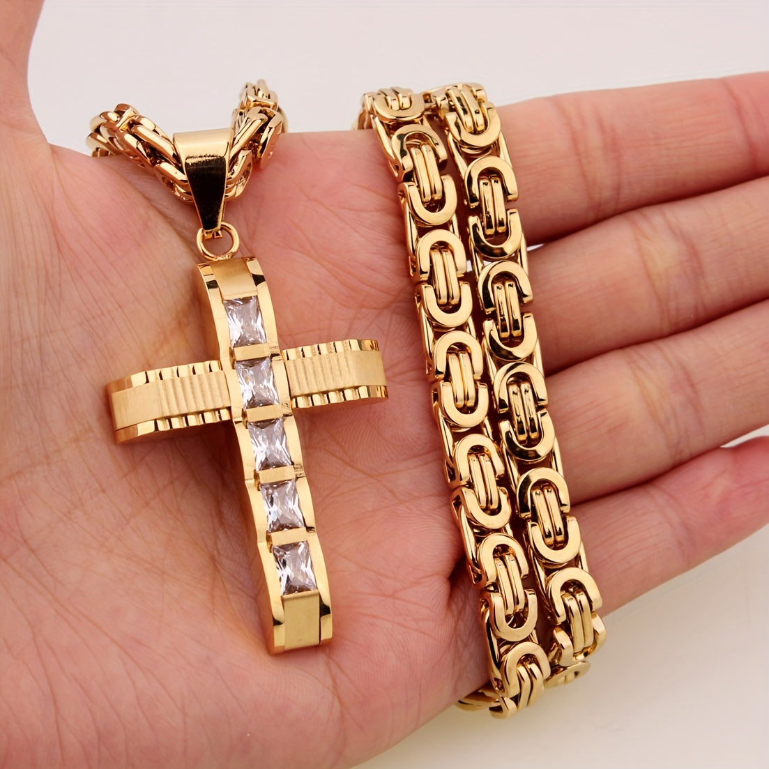 Showlu men's stainless steel cross pendant necklace with 14K gold plating, featuring a detailed religious cross design.