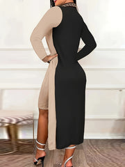 [Elegant Bodycon Dress] Elegant Long Sleeve Bodycon Dress | Women's Color Block Sleeves & Side Slit - Long Length Round Neck Spring/Fall Dress, Hand Wash Only, Sophisticated Fashion, Strappy Details