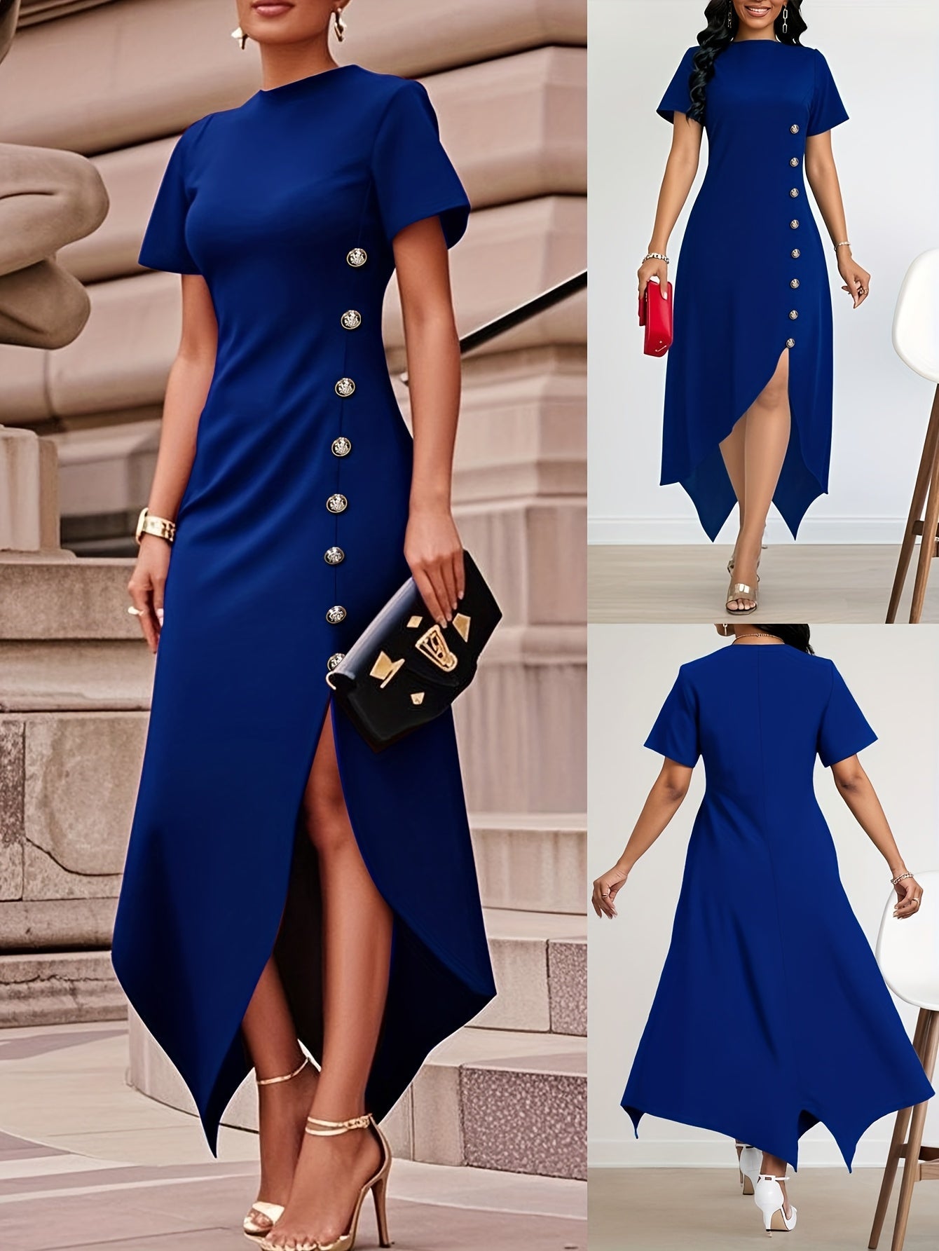 Royal blue SHOWLU FASHION women's asymmetrical hem A-line dress with a stylish, flowing silhouette and elegant design.