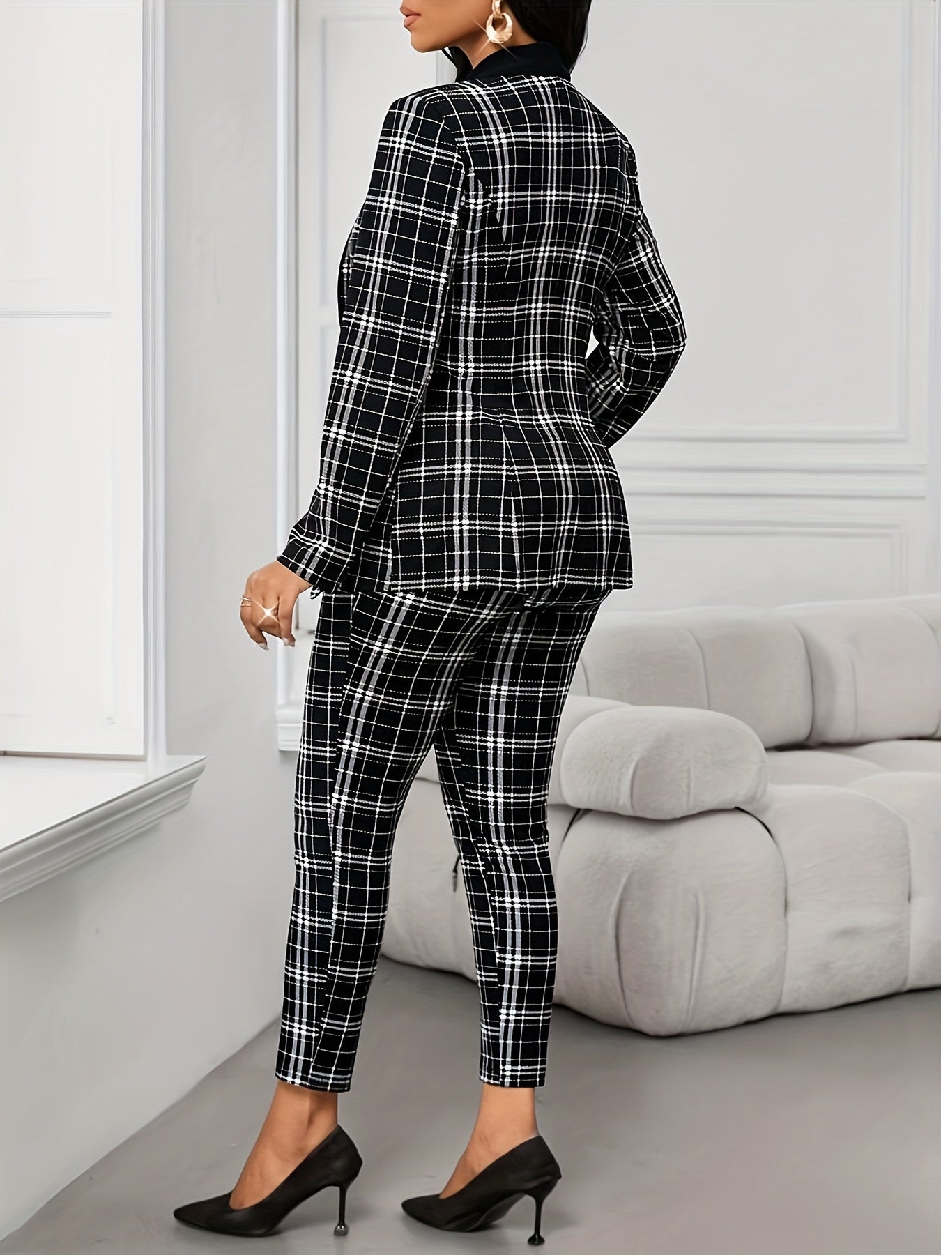 SHOWLU FASHION women's black and white geometric plaid blazer and pants set, tailored and stylish outfit for women.