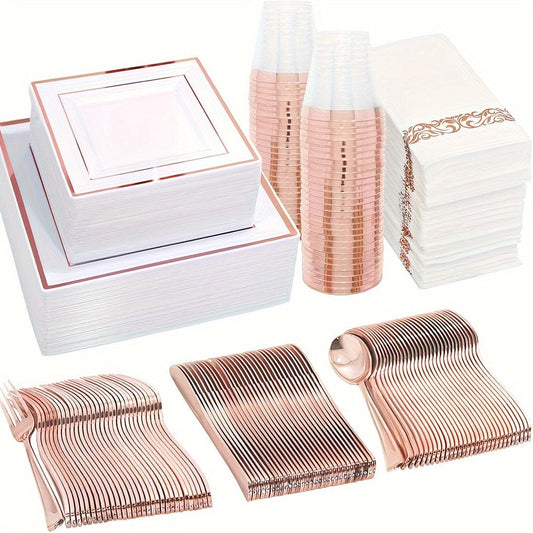 50Guest Rose Gold Plastic Plates with Disposable Plastic Silverware& Rose Gold Cups&Rose Gold Plastic Bowls&Hand Napkins - Plastic Dinnerware for Wedding&Parties - SHOWLU FASHION STORE