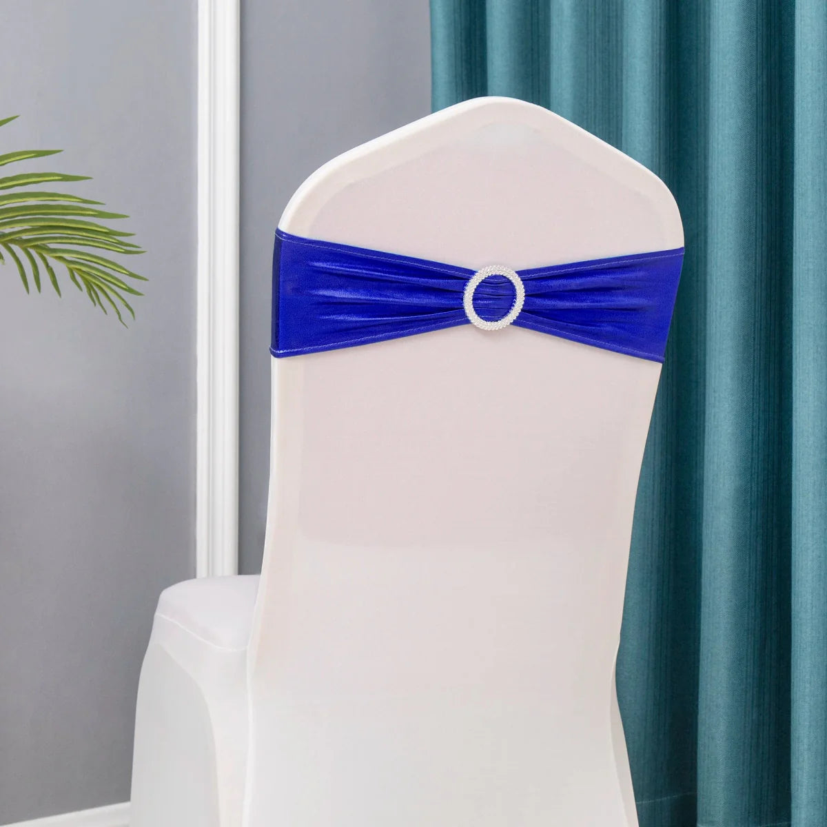 Set of 50 metallic gold and silver spandex chair sashes with buckles for wedding and party decor, by Showlu Fashion Store.