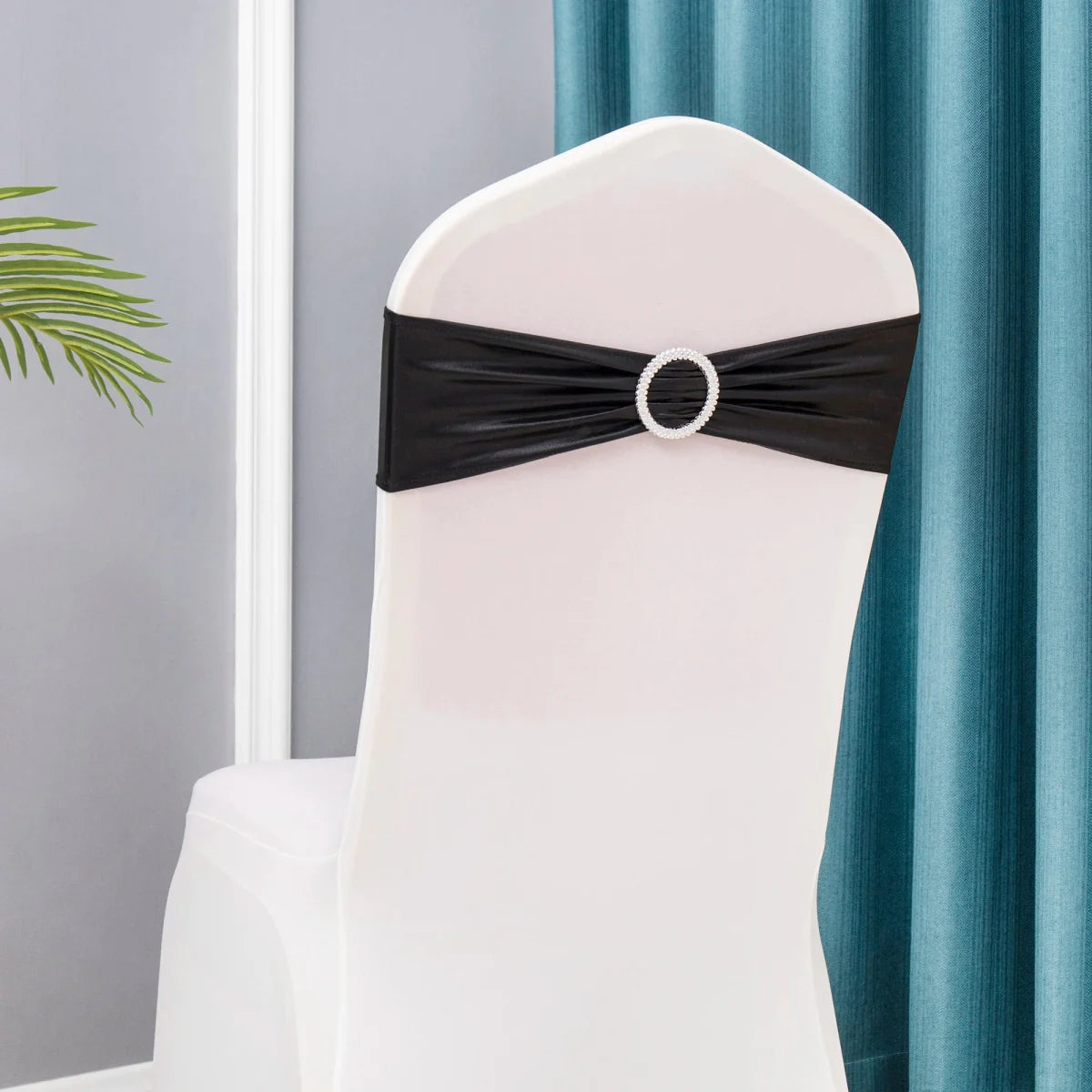Set of 50 metallic gold and silver spandex chair sashes with buckles for wedding and party chair decoration.