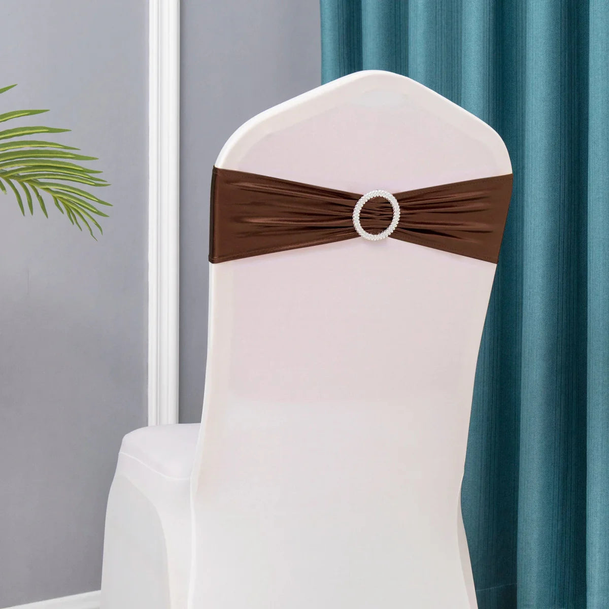 Set of 50 metallic gold and silver spandex chair sashes with buckles, ideal for wedding and party chair decoration.