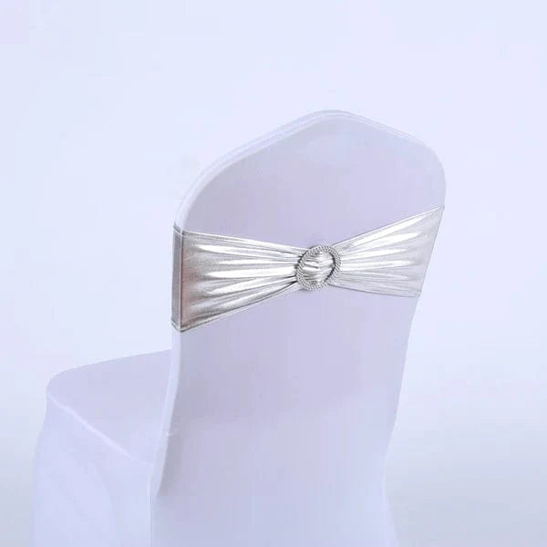 Set of 50 metallic gold and silver spandex chair sashes with buckles for wedding or party decor, elegant wedding chair bands.