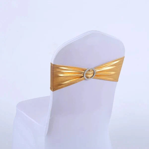 Set of 50 metallic gold and silver spandex chair sashes with buckles, ideal for wedding and party chair decorations.