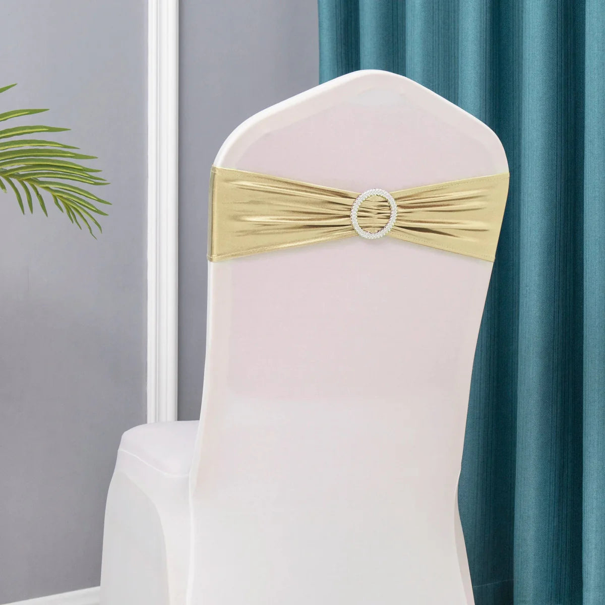 Set of 50 metallic gold and silver spandex chair sashes with buckles for wedding and party chair decorations.