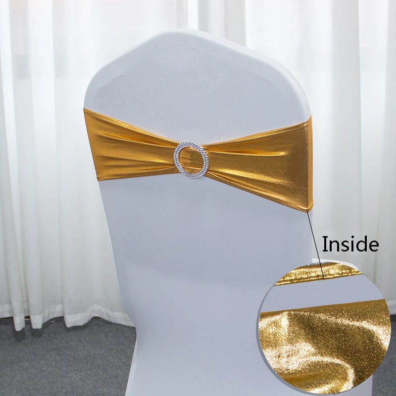 Set of 50 metallic gold and silver spandex chair sashes with buckles, ideal for wedding and party decorations.