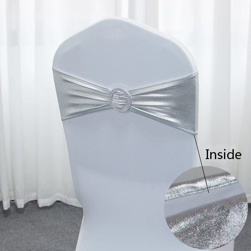 Set of 50 metallic gold and silver spandex chair sashes with buckles for wedding and party chair decoration.