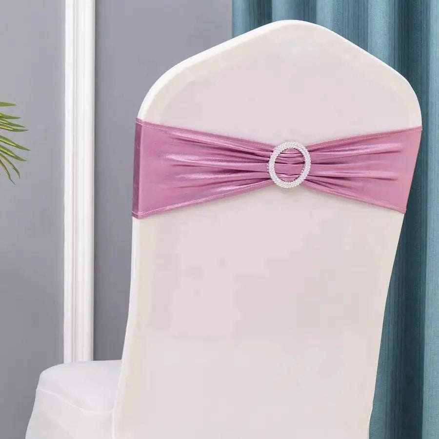 Set of 50 metallic gold and silver spandex chair sashes with buckles for wedding and party chair decoration.