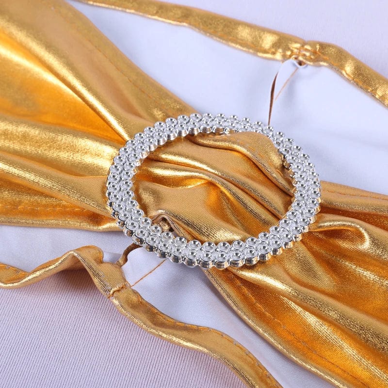 Set of 50 metallic gold and silver spandex chair sashes with buckles for wedding and party decorations.