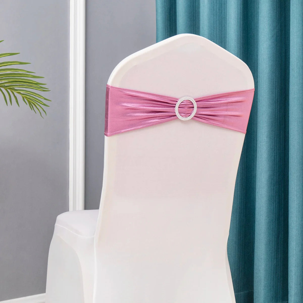 Showlu metallic gold and silver spandex chair sashes with buckles, 50-pack for wedding and party chair decorations