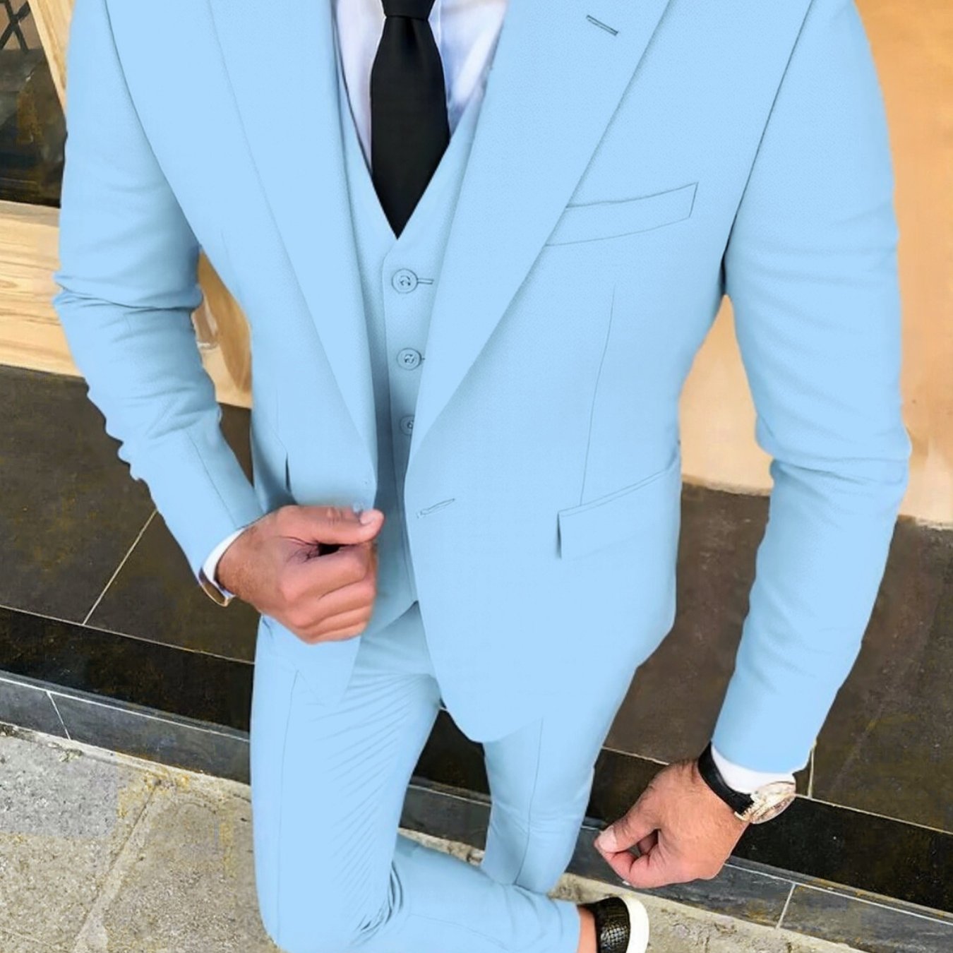 Men's 3-piece formal wedding suit by SHOWLU FASHION, solid woven tuxedo with jacket, vest, and trousers, on a hanger.