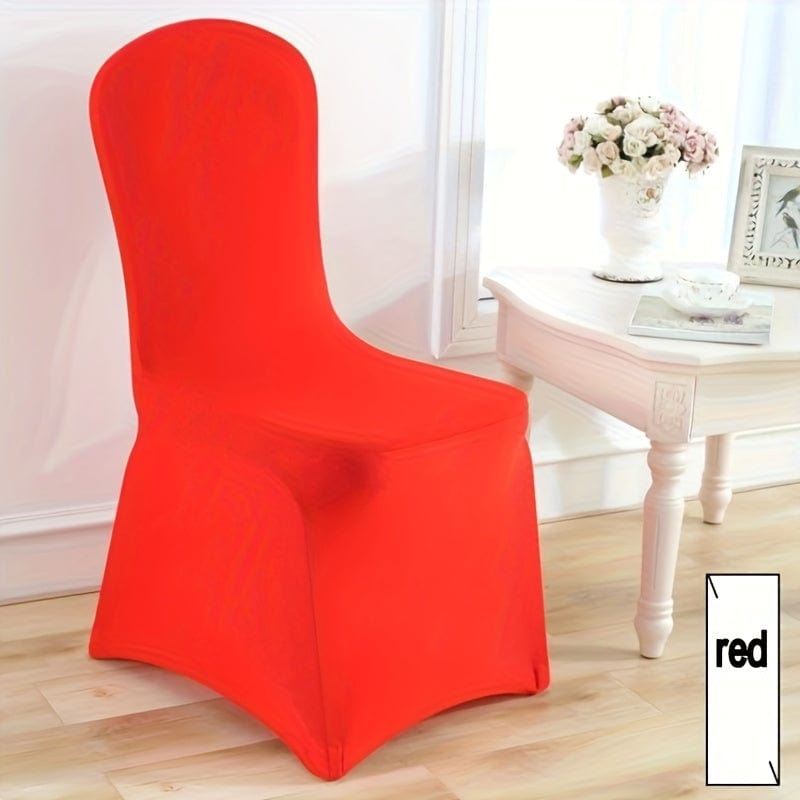 Set of 10 Showlu Stretch Spandex Dining Chair Slipcovers, washable and removable protectors for dining, banquet, and wedding chairs.