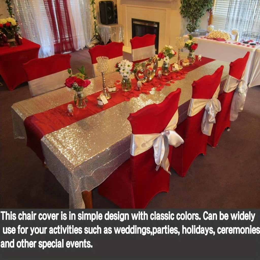 Showlu Stretch Spandex dining chair slipcovers in a set of 10, washable, removable protectors for banquet and wedding chairs.