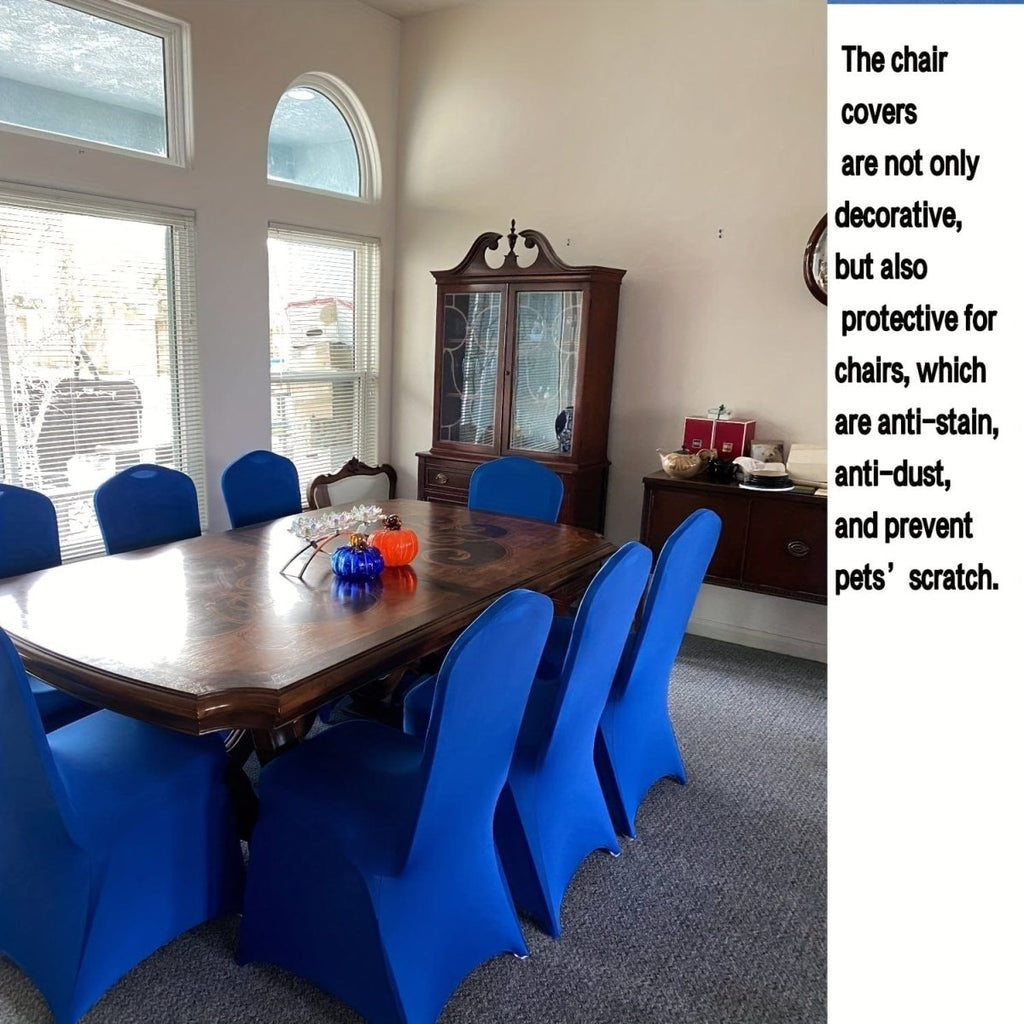 Set of 10 washable Showlu Stretch Spandex Dining Chair Slipcovers with removable protective covers for dining, banquet, and wedding chairs.