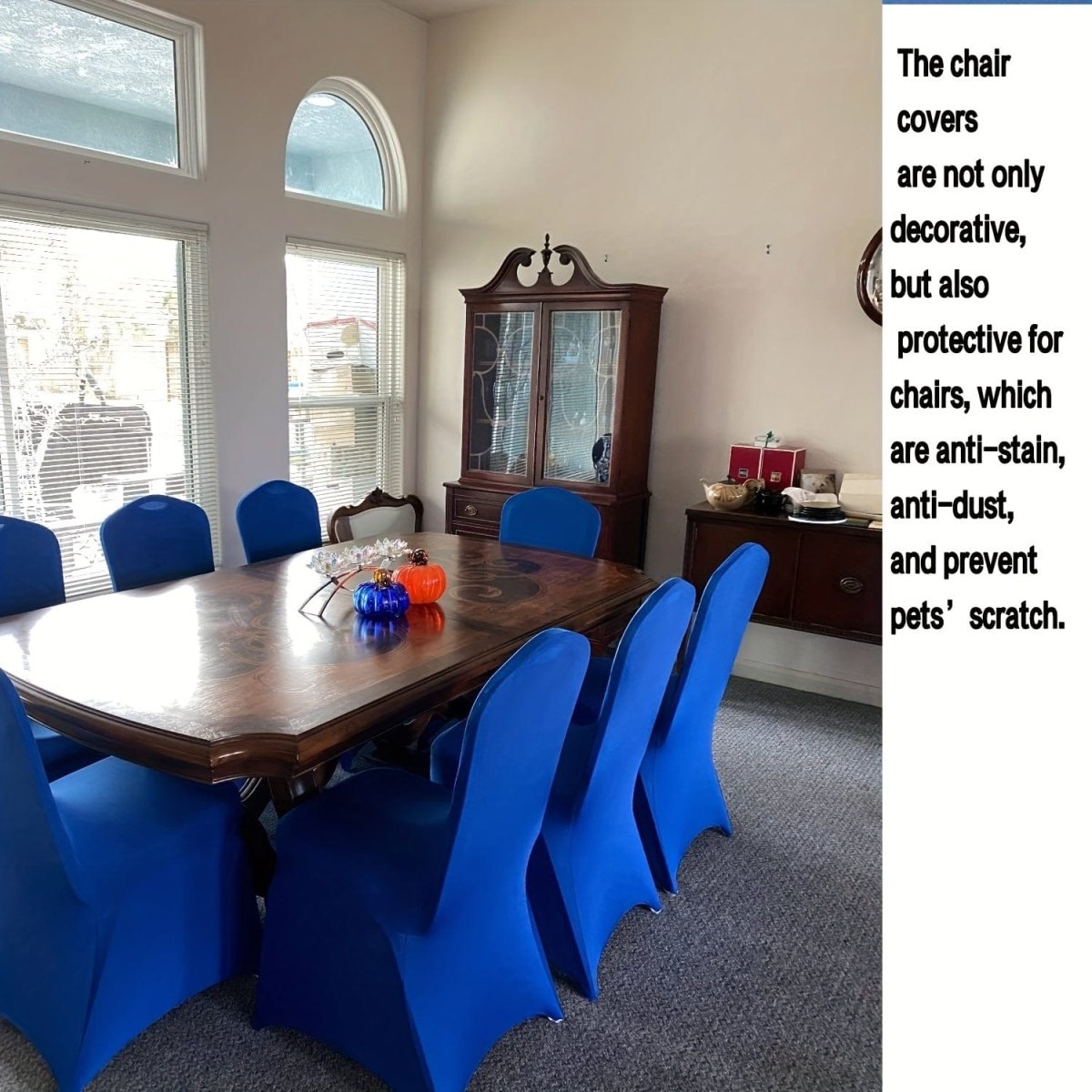 Set of 10 washable Showlu Stretch Spandex Dining Chair Slipcovers with removable protective covers for dining, banquet, and wedding chairs.