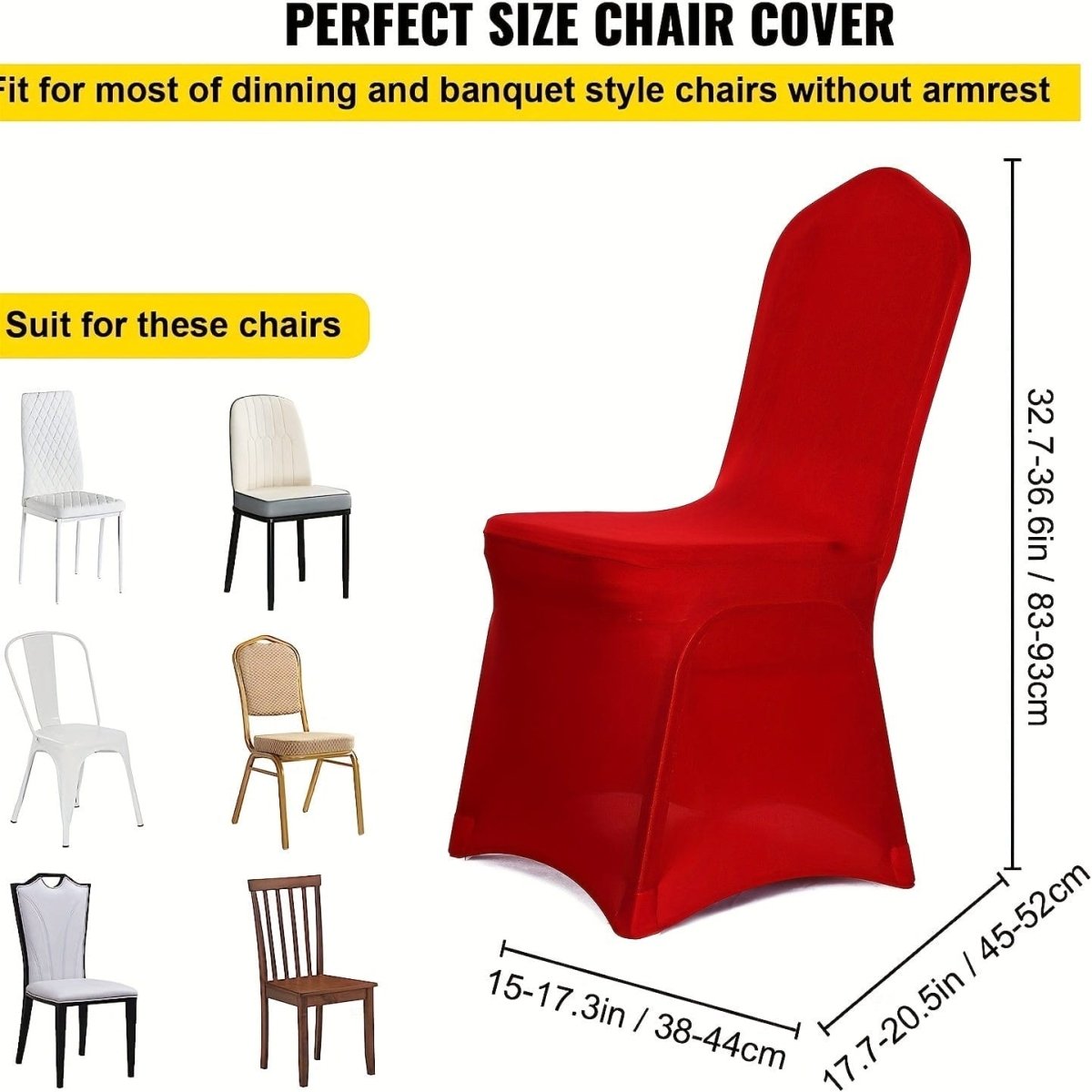 Set of 10 washable Showlu Stretch Spandex dining chair slipcovers for banquet, wedding, or party chairs, featuring removable and protective covers.