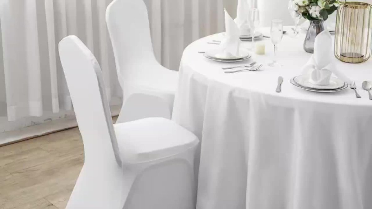 Set of 10 Showlu Stretch Spandex Dining Chair Slipcovers, washable and removable protectors for dining room chairs at parties and events.