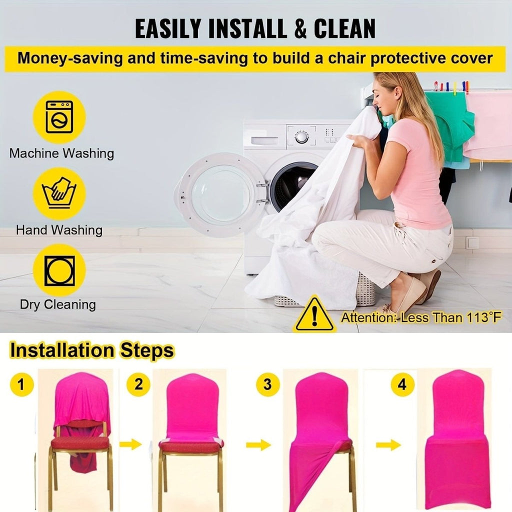 Set of 10 washable Showlu Stretch Spandex dining chair slipcovers, removable protectors for banquet, wedding, and party chairs.