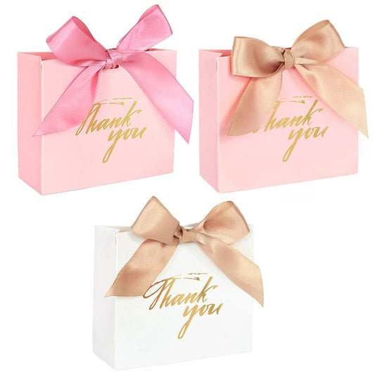 5/10pcs Small Pink White Thank You Party Favor Bags Treat Boxes with Bow Ribbon Paper Gift Bags Wedding Birthday Party Supplies - SHOWLU FASHION STORE