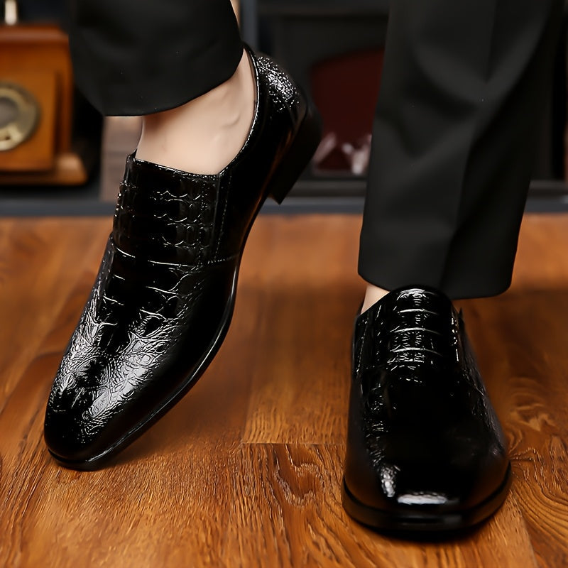 Black crocodile texture men's pointed-toe loafers by SHOWLU FASHION STORE, showcasing sleek leather shoes with elegant stitching.