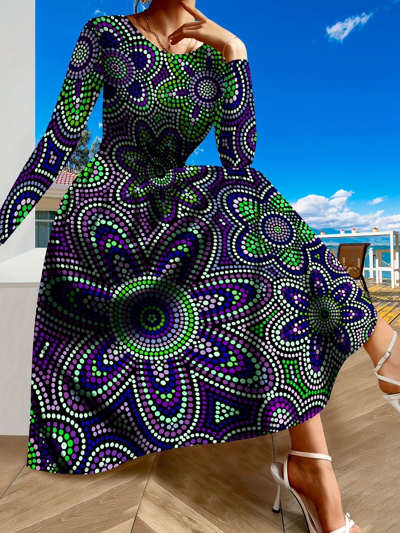 SHOWLU Women's purple and green polka dot long sleeve maxi dress with A-line silhouette, perfect for elegant everyday wear.