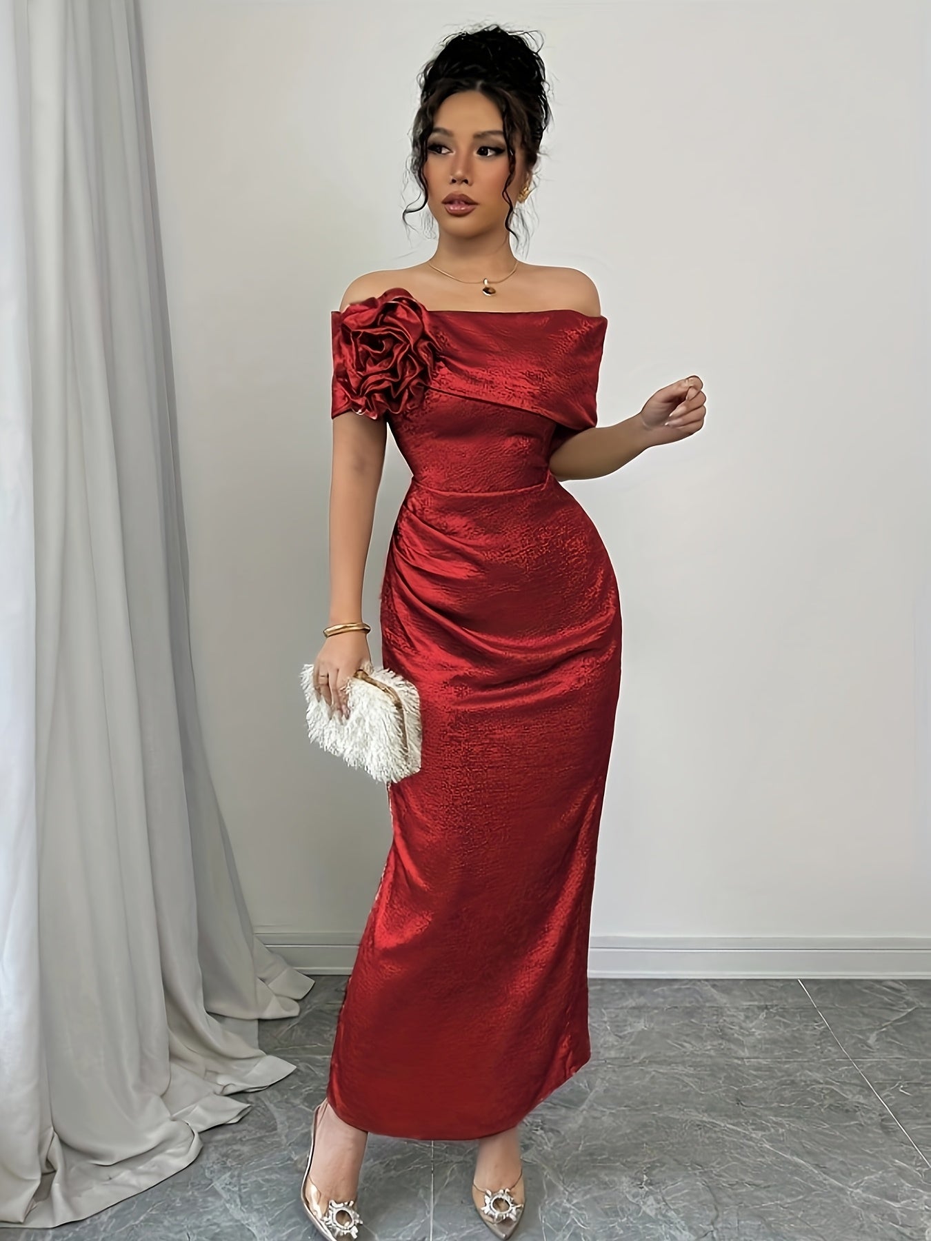 Red SHOWLU FASHION off-shoulder bodycon maxi dress with a low slit, fitted silhouette, and elegant design for formal occasions.