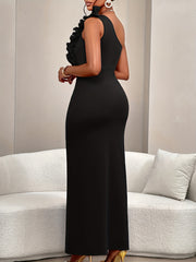 2025 Summer New Arrival Women's Solid Color Asymmetrical Shoulder Ruffle Detail Sleeveless Elegant Charm Slit Dress Suitable for Parties, Gatherings, Dates, Singles' Night, Formal Dinners Grand Events, Valentine's Day, Weddin