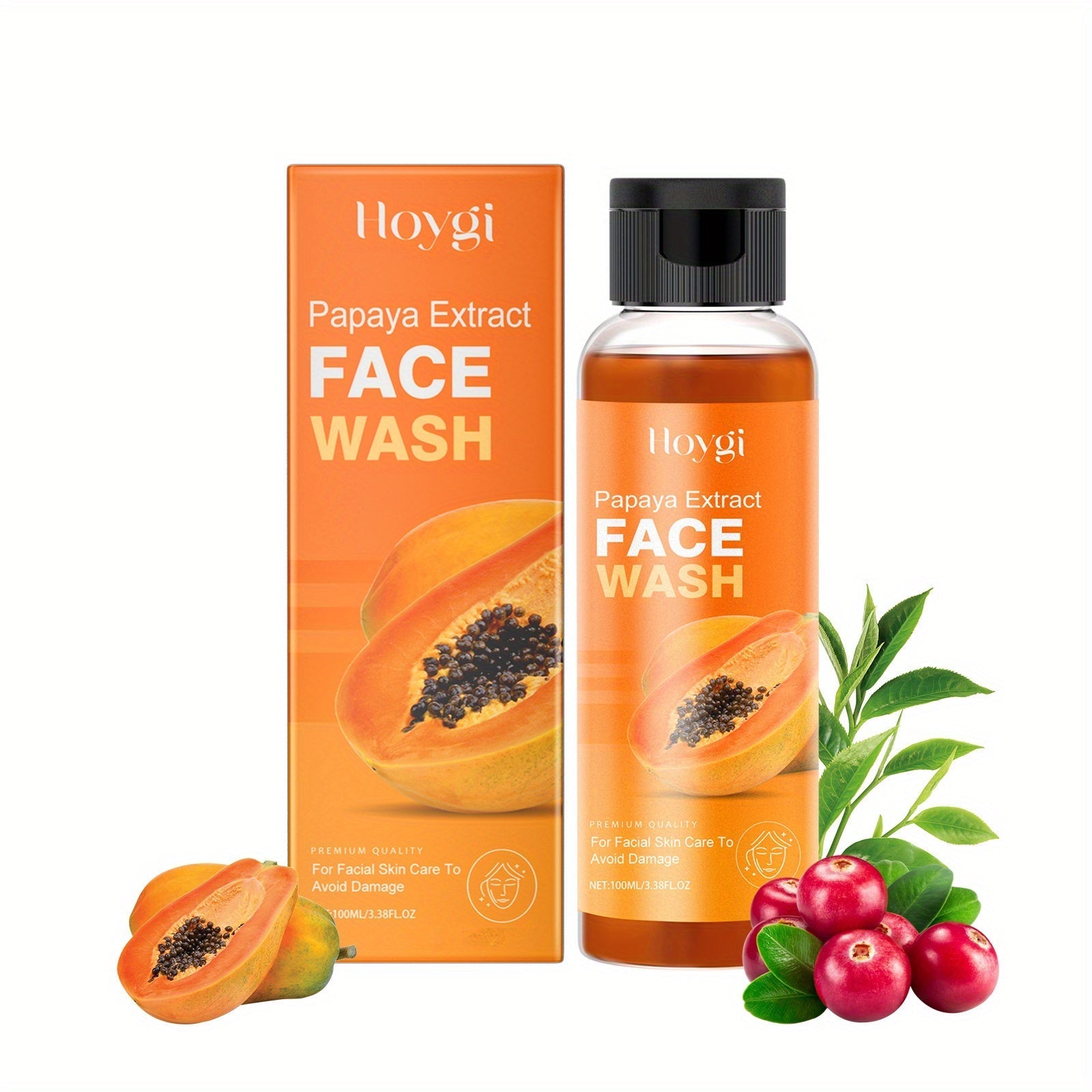 Hoygi Papaya Face Wash bottle showing moisturizing lotion for all skin types, with fresh papaya extract and gentle cleansing action.