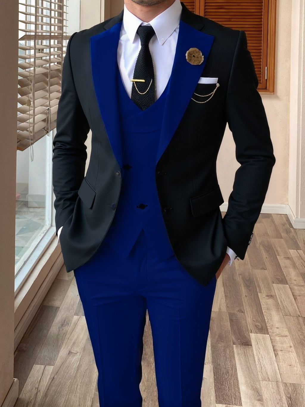 Showlu Fashion men's 3-piece color block slim fit tuxedo suit set with jacket, vest, and trousers, stylish formal wear for men.
