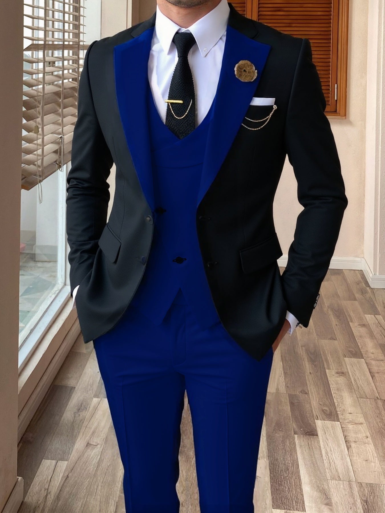 Showlu Fashion men's 3-piece color block slim fit tuxedo suit set with jacket, vest, and trousers, stylish formal wear for men.