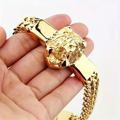 A gold-plated stainless steel bracelet featuring a detailed lion head centerpiece and braided chain.