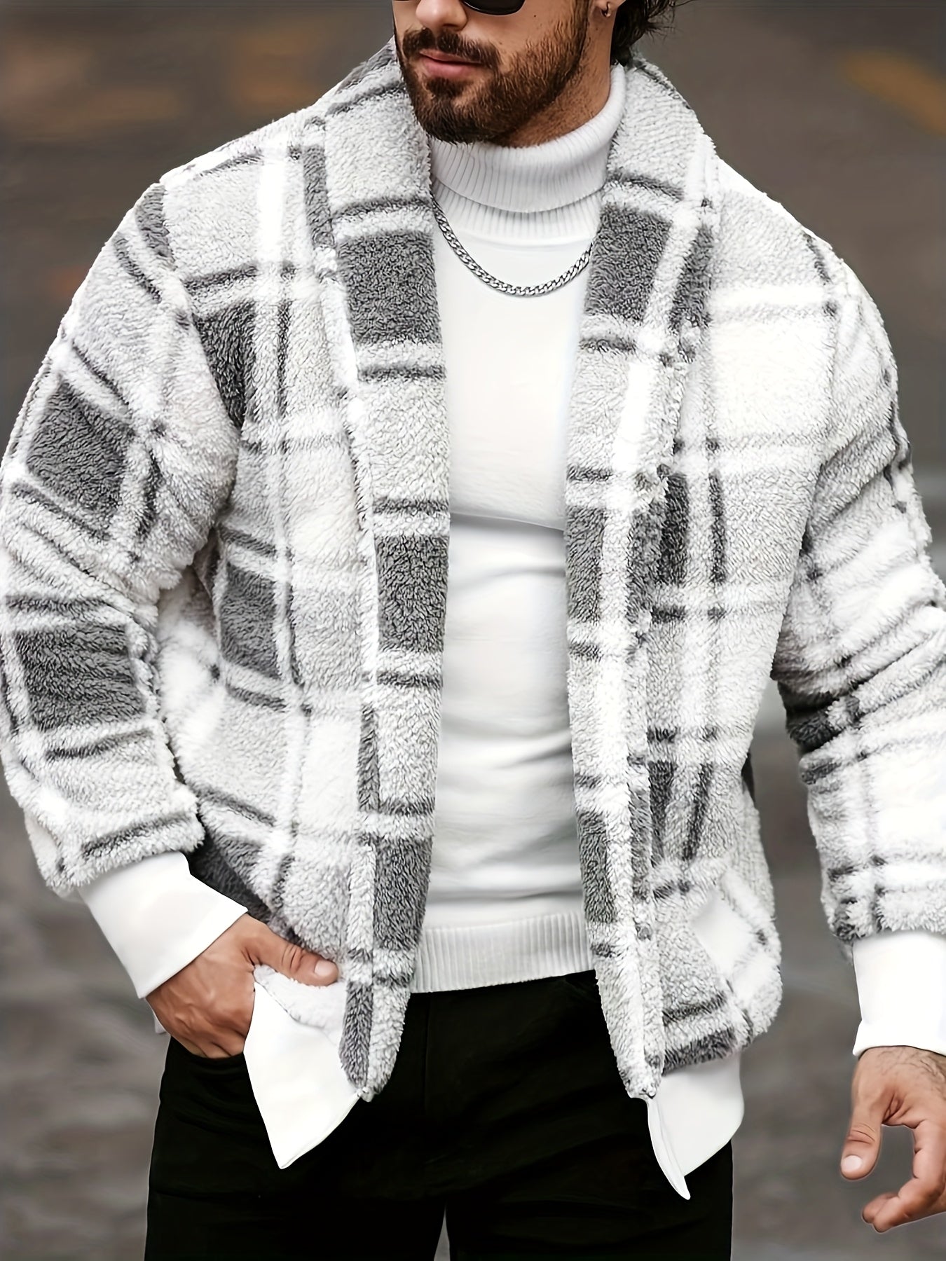 Men's black and yellow checkered plush fleece jacket by SHOWLU FASHION STORE, featuring soft thermal fabric and cozy design.