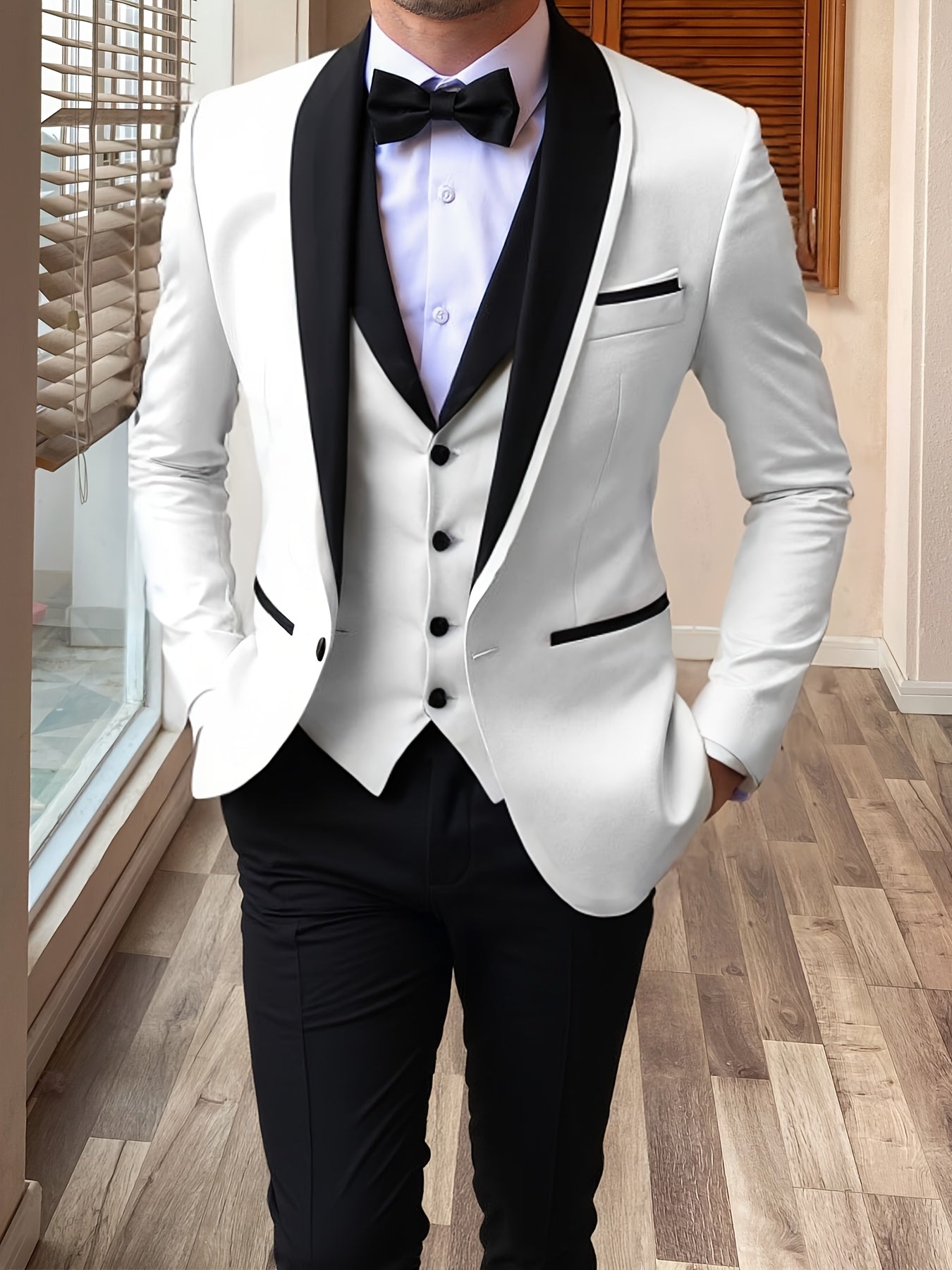 SHOWLU FASHION men's 3-piece slim fit suit with shawl lapel, formal wedding set, including jacket, vest, and trousers.