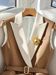 Women's Elegant Contrast Color-Block Vest - Summer Lightweight Belted Cardigan with Golden Buttons, Machine Washable Round Neck Blazer Vest for Casual & Formal Outfits, Outfit Enhancer, Structured Design, Sophisticated Tailor