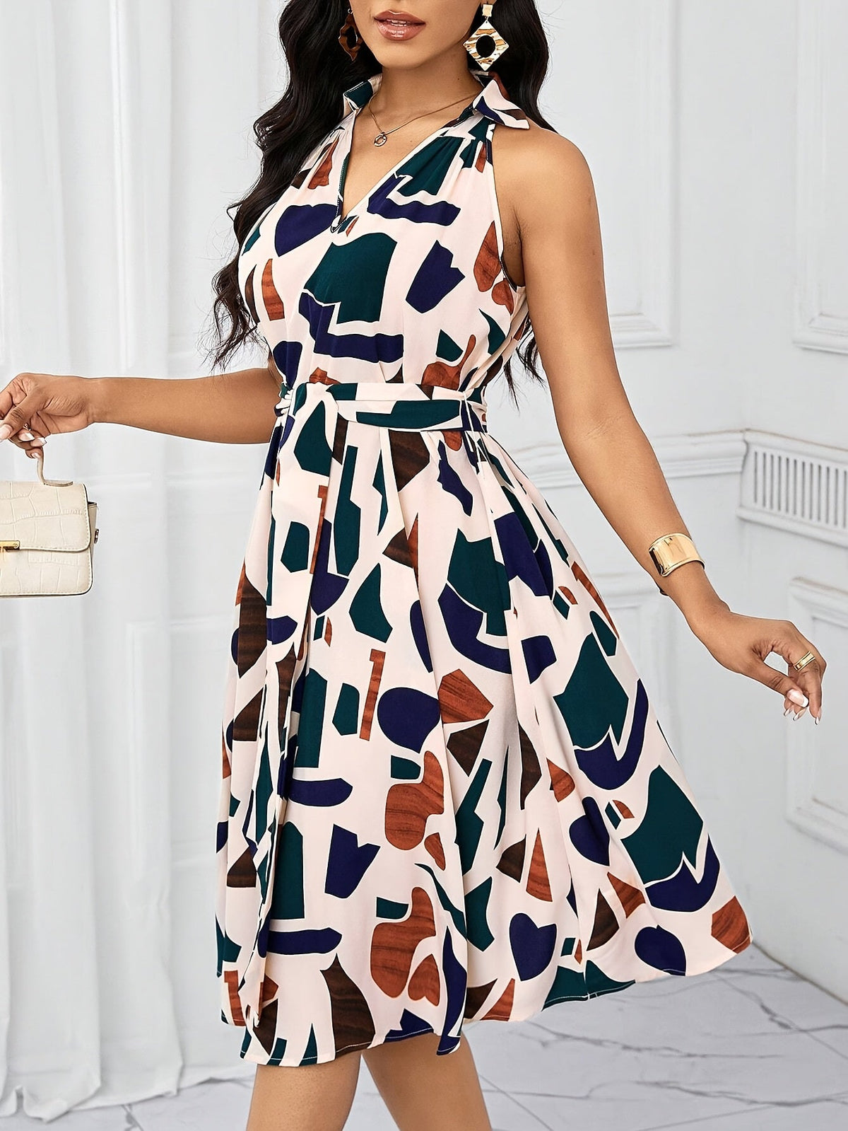 Women's geometric print V-neck A-line dress with bow waist tie by SHOWLU FASHION STORE, featuring a stylish and feminine design.