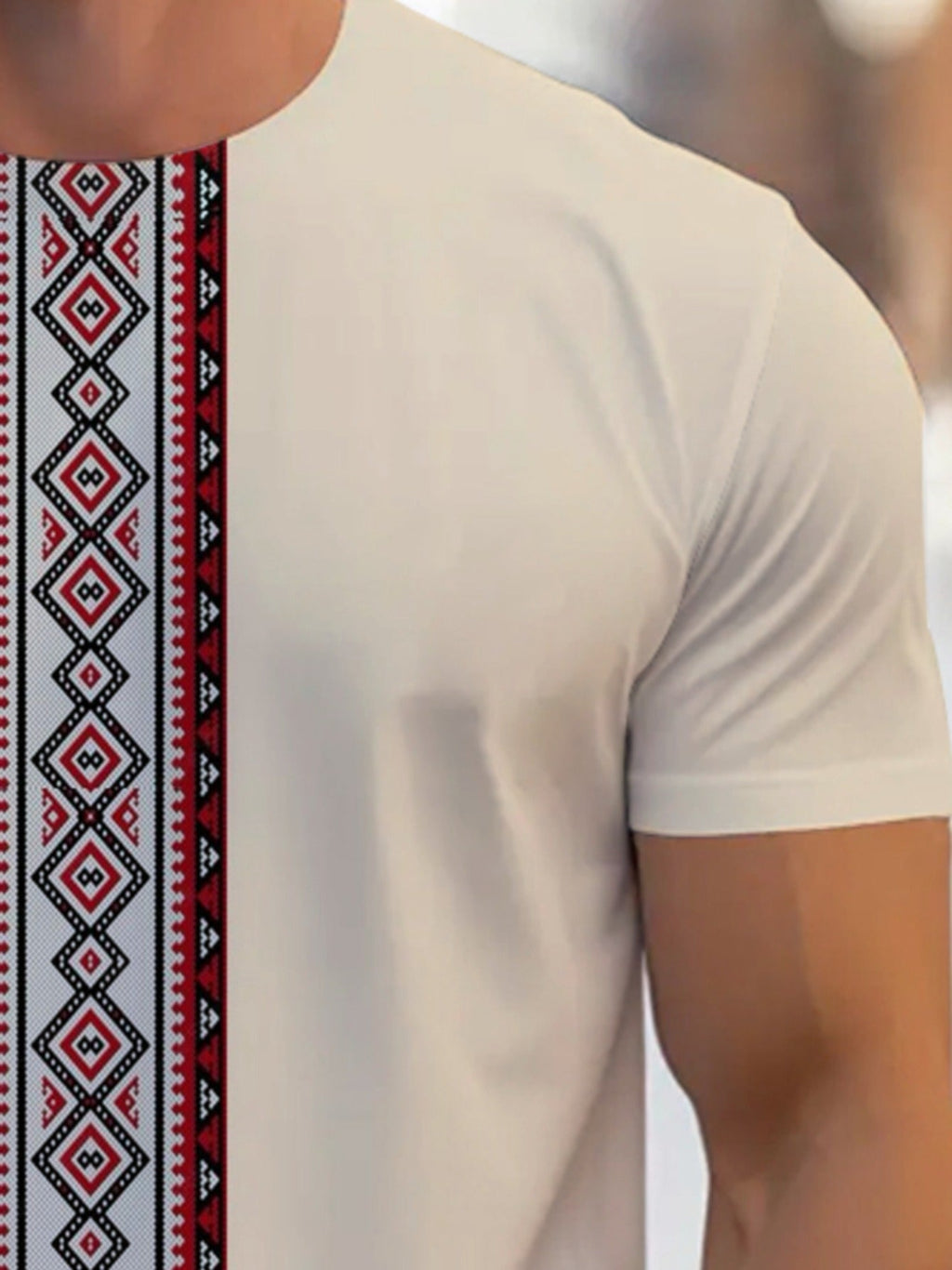 SHOWLU Men's geometric embroidery crew neck polyester T-shirt with stylish design and modern fit.