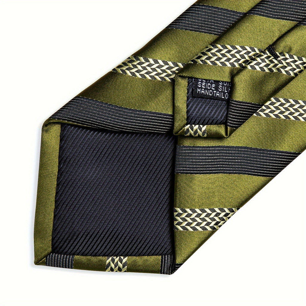 Men's green striped silk tie set with cufflinks and pocket square, showcasing elegant accessories by SHOWLU FASHION STORE.