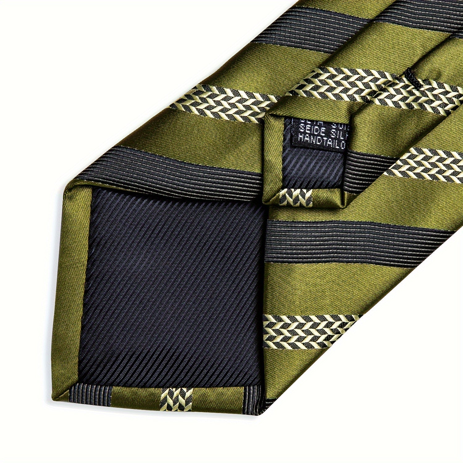 Men's green striped silk tie set with cufflinks and pocket square, showcasing elegant accessories by SHOWLU FASHION STORE.