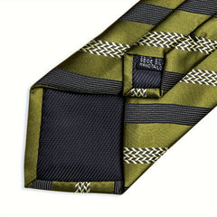 Men's Green Striped Silk Tie Set with Pocket Square, Hanky, and Cufflinks - Herringbone Pattern, Ideal for Weddings and Formal Events