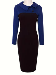 Women'S Elegant Black and Beige Color Block Pencil Dress - Slim Fit, Long Sleeve, Round Neck with Button Detail, Perfect for Spring/Summer, Adult Fashion, Elegant Attire|Sleek Fitted Design|Polyester Fabric