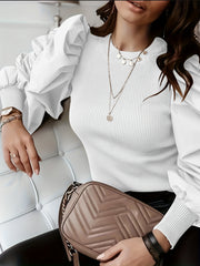 Women'S Black Ribbed Blouse with Puff Sleeves & Round Neck - Stylish Layering Piece for Casual or Formal Outfits, Allseason Top | Ribbed Texture Top | Construction, Ladies Blouses